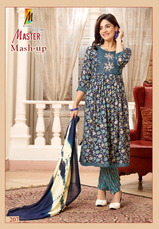 Mash Up Vol 2 By Master Naira Cut Rayon Printed Kurti With Bottom Dupatta Wholesale Online
